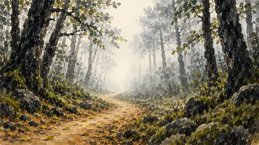 A curving forest path vanishes into pale morning fog between tall dark trees with mossy ground and a few yellow green leaves in ink dabs.
