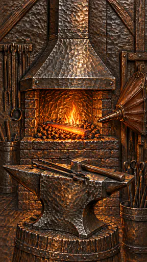 A blacksmith forge hearth holds glowing coals and an orange iron bar beside an anvil with tongs, a hammer and bellows under a chimney hood in hammered metal.