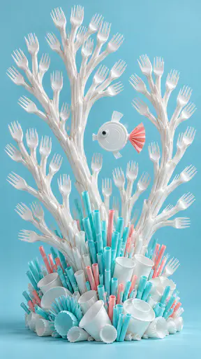 Tall coral fans of white plastic forks and clusters of pale turquoise and coral straws rise from a pale blue ground with one small fish of a lid and a folded napkin.