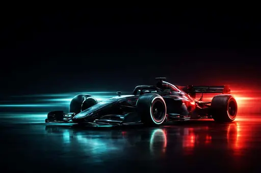 Single open-wheel racecar in a neon-lit 3D render, captured as a widescreen 3:2 composition for wallpaper or poster use with cinematic motion blur.