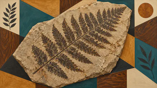 A fossil fern frond in charcoal and rust is pressed into a pale clay slab before angled cubist planes of painted faux wood grain in honey and walnut and flat teal and cream.