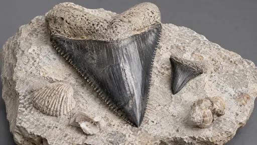 A large fossil shark tooth in glossy dark grey enamel with fine serrated edges and a cream root lies on a pale limestone slab beside a smaller tooth in a focus stacked macro photograph.