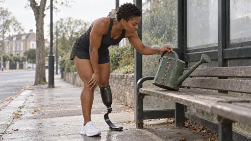 A Black woman runner in her late twenties with a black carbon-fibre running blade bends to lift a battered green enamel watering can off a plain bus-stop bench with one hand in bright early light, looking closely at its row of copper staple stitches.