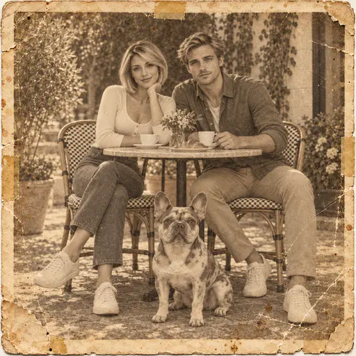 Aged sepia print of a woman, man and merle French bulldog at a round cafe table with torn edges and repair tape