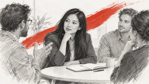 A fictional adult Chinese American founder, a woman with long black hair in a blazer, leans forward at a round table with three sketched colleagues and a notebook beside one vermilion brushstroke.