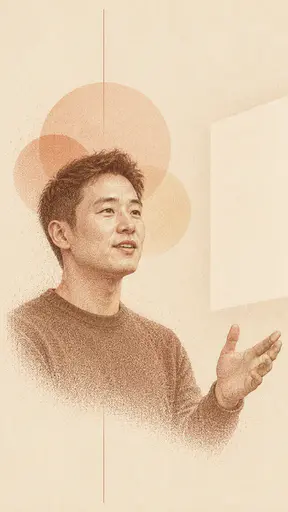 A fictional adult Chinese American founder, a man with short black hair in a crewneck sweater, speaks with an open hand gesture beside an empty projector screen before apricot and coral discs in rust stipple.