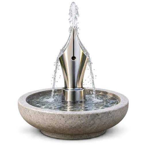 Fountain pen: a large polished fountain-pen nib standing upright in a small round stone basin, water jetting from its central slit and cascading down both tines into rippling water.