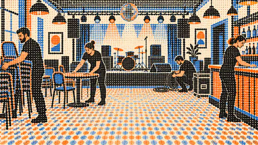 Four fictional adult staff in black shirts set up chairs and tables, coil cables near a stage and wipe the bar in a club room before opening in an enlarged hand made raster dot print.