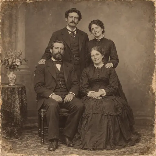 Four fictional adults in modest period inspired dress pose together, two seated and two standing, before a painted backdrop in an aged tintype style family portrait.