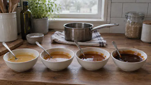 Four small white bowls stand in a row on a wooden counter holding caramel in four stages from pale gold to deep dark amber with a spoon in each and a small pan behind in clean window light.