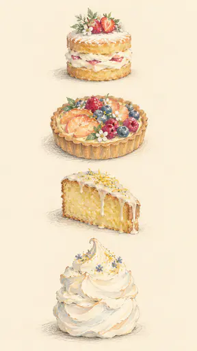 Four separate cakes, a layered sponge, a round fruit tart, a slice of lemon drizzle and a tall meringue, are painted in pale dry gouache with loose pencil contours stacked down a cream page.