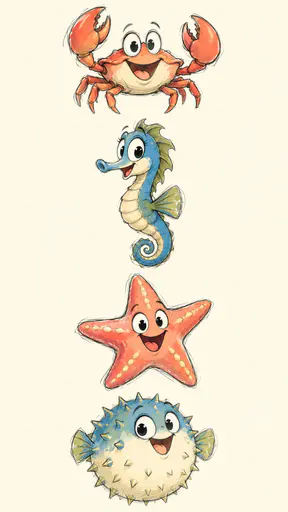 Four separate cheerful sea creatures, a crab, a seahorse, a starfish and a pufferfish, are drawn with sweeping pencil contours and translucent blue, olive and coral blocks stacked on cream.