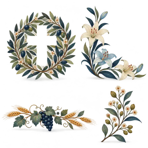 Four matching Christian garden ornaments, an olive branch wreath around a plain cross shaped opening, a lily corner, a wheat and grapevine divider and a mustard seed branch, on a transparent background.