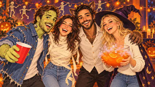 Four adult friends dressed as a monster, a mummy, a werewolf and a witch laugh at a living room Halloween party with a misty punch bowl and skeleton garlands.