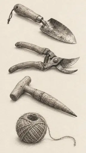 Four separate garden tools, a hand trowel, secateurs, a dibber and a ball of twine, are drawn one above another in dense directional graphite on warm ivory paper with visible construction lines.