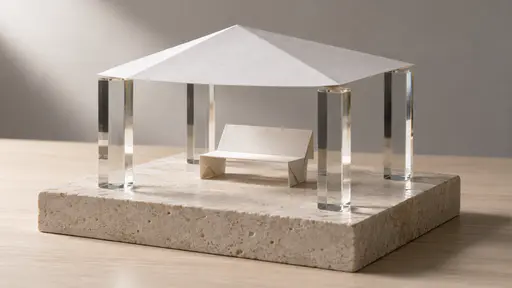Four clear glass pillars stand at the corners of a square on a pale stone plinth with a shallow-pitched folded white paper roof resting on their tops and a small folded paper bench sheltered beneath.