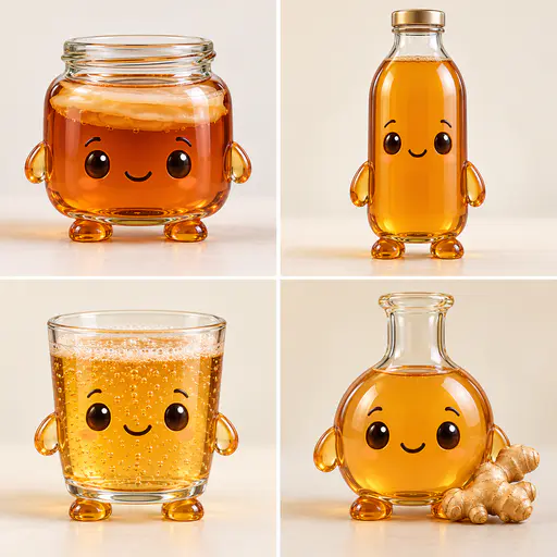 A glossy translucent 3D collectible display has four panels showing a jar of amber kombucha with a floating scoby, a tall bottle, a golden fizzy glass and a small flask of ginger without labels.