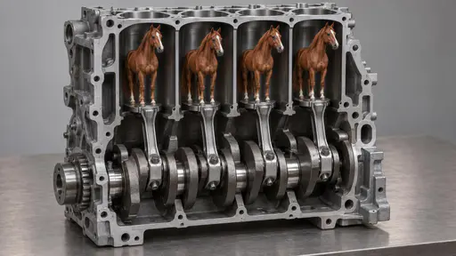 Horsepower: a cutaway engine block on a plain bench shows four open cylinders in a row, each holding a miniature chestnut horse standing where a piston would sit, with a polished connecting rod running from every horse down to the single shared crankshaft. Neutral studio light falls evenly…
