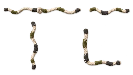 Four matching decorative separators, a long and a short horizontal twine line, a tall vertical one and an L shaped corner piece, in felt and thread on a transparent background.