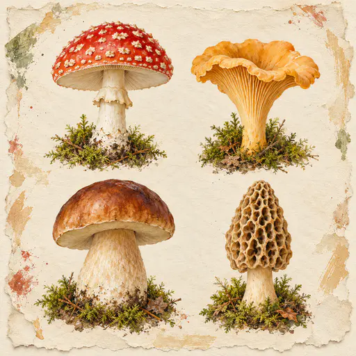 Four separate woodland mushrooms, a fly agaric, a chanterelle, a porcini and a morel, each stand on a small moss patch in a mixed media vignette on cream paper with torn borders.