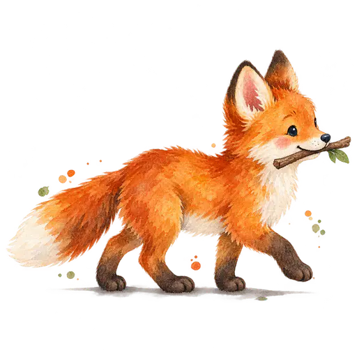 A young red fox cub walking in profile carrying a short stick in its mouth with its white-tipped tail low, on a transparent background.