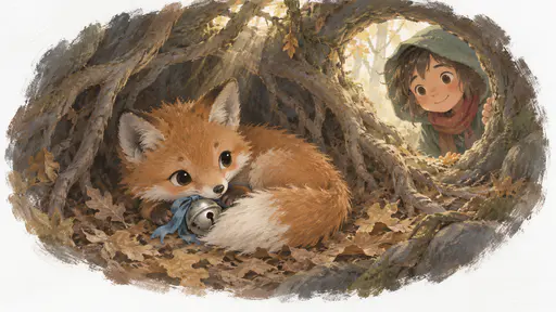 A fox cub with a white-tipped tail curls around a small silver bell with a blue silk ribbon on dry leaves in a snug den under tree roots while a young traveller in a green hooded cloak and red scarf peeks in at the round den mouth with a smile.