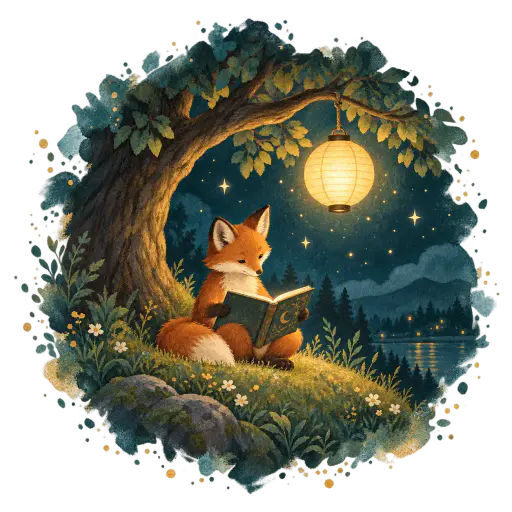 A gouache storybook slice of a fox reading by lantern light beneath a tree on a teal night, its painted edge dissolving into soft washes on transparency.
