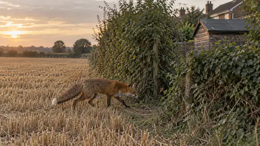 In golden evening light a red fox slips through a gap in a thick hedge line where an open field meets the first back gardens of a suburb with its head low and its brush trailing, a glowing stubble field behind it and a garden shed roof ahead.