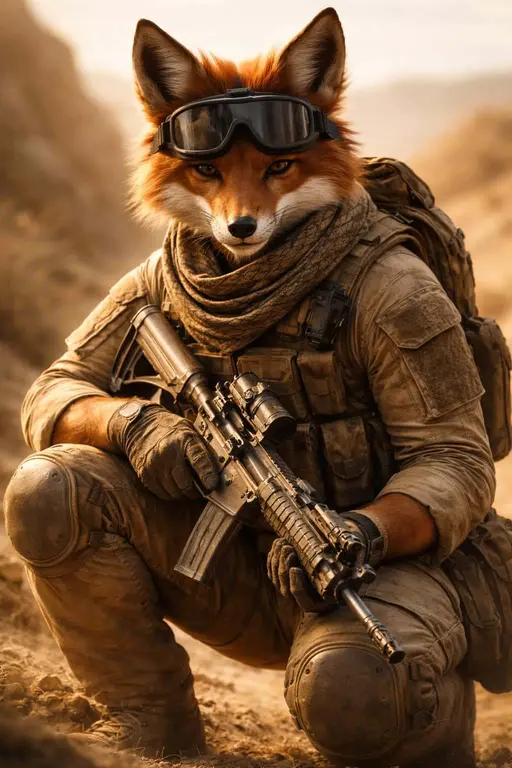 Photoreal 3D render of a crouched fox soldier in full desert tactical gear, tight 2:3 portrait framing for poster-cover use with dramatic warm lighting.