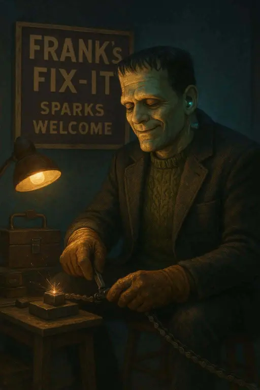 Friendly Frankenstein’s monster in a cable-knit sweater and patched blazer tightens a bicycle chain inside a neighborhood repair garage under warm lamp light and cool night spill, with a signboard reading “FRANK’S FIX-IT — SPARKS WELCOME” a
