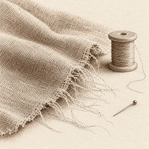 The frayed edge of a plain linen cloth shows loose threads fanning from the cut edge beside a pin and a spool of thread in engraved dots and flicks.