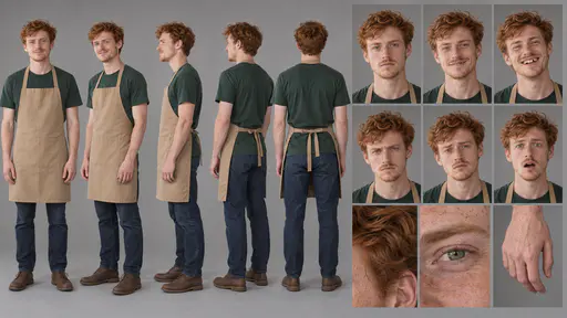 A 16:9 studio character sheet of a freckled young man with copper-red hair in a green t-shirt and tan apron, blue jeans and brown boots, shown in five full-body views, six expressions and three close details.
