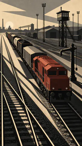 A line of freight wagons and a diesel engine stand on parallel tracks in a rail yard at evening with a signal tower, a water crane and floodlight masts in deco planes.