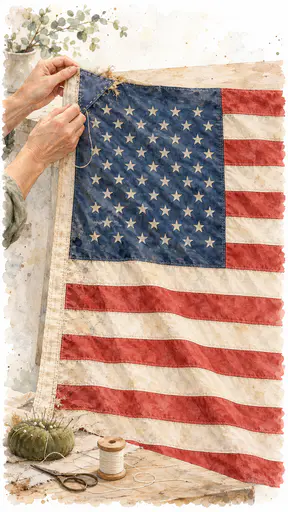 The upper corner of an American flag with its star rows shows a fresh blue patch stitched over a worn corner with running stitches as an adult hand holds the edge, in soft watercolor.