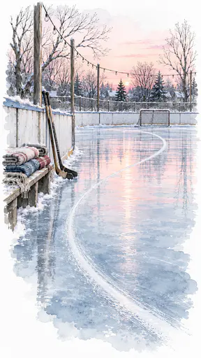 An empty neighborhood ice rink at dawn with freshly resurfaced glossy ice, folded blankets on a bench and hockey sticks leaning on the boards in a blue grey watercolor sketch.