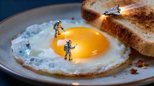 A surreal diorama where a fried egg reads as a glowing planet and a slice of toast serves as a landing platform while tiny astronauts explore and a micro-shuttle lifts off from the plate edge.