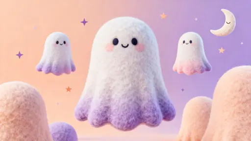 Rounded plush ghosts float in a cute, not-creepy scene of peach (#FAD6C5), lavender (#DCC6FF), mint (#CFFFE0), blush (#FFD6EA) and lemon (#FFF3B0); soft gradients, shallow depth, centered composition and clear top band for text.