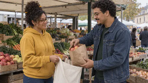 A woman with round tortoiseshell glasses and a curly black bun in a mustard hoodie holds open a canvas tote bag while a tall man with round glasses and a chin beard in a green t-shirt lowers a paper bag of apples into it at a market stall on a sunny morning.