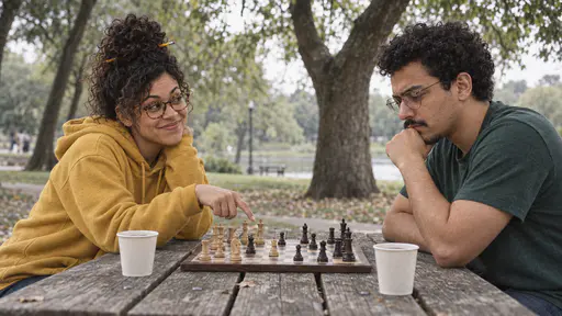 A woman with round tortoiseshell glasses and a curly black bun in a mustard hoodie points a finger at a chess piece with a teasing grin across a board from a tall man with round glasses and a chin beard in a green t-shirt who frowns with his chin on his fist at a park table in dappled light.