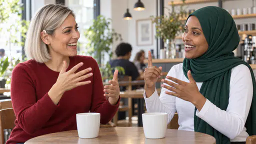 A woman with a silver-blonde bob and beige hearing aids in a deep red top laughs while signing with both hands raised, across a small cafe table from a woman in an emerald-green hijab who signs back and smiles, two white cups on the table and a cafe shelf behind.