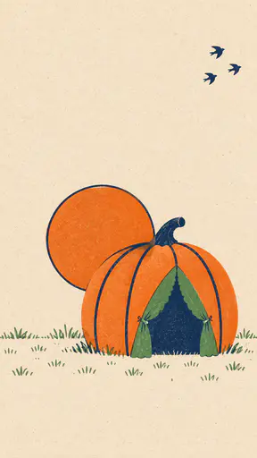 Risograph-style poster background for a kids halloween event: a burnt-orange pumpkin-shaped play tent with an open green doorway stands on a sparse grass line while a flat morning sun with a thin navy ring rises from behind its left side, three tiny birds sit high right, and the calm cream upper half stays open for a headline, printed in burnt orange, navy and leaf green on cream paper.