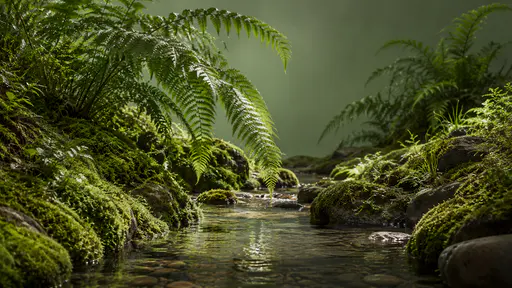 Long fern fronds droop in layered arcs over a narrow clear stream between mossy banks in soft green light.