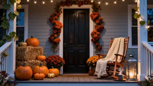 A symmetrical 16:9 wide shot of a dark wooden door framed by pumpkins, hay bales, burnt-orange mums and glowing string lights, evoking warm, welcoming autumn charm.