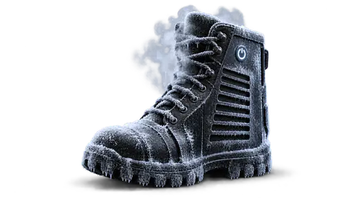 Cold boot: a computer tower fused into a heavy laced boot, coated in frost with cold vapor curling from its laces and a small glowing power symbol near the ankle, surreal product shot on transparency.