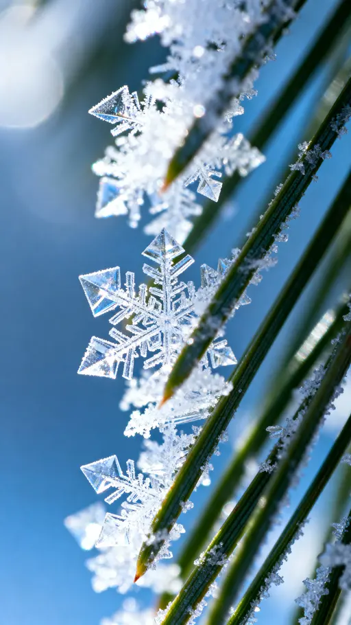 Macro photo of frost crystals on a pine needle, sharp facets sparkling in icy blue (#A8D8FF) and deep navy (#0B3D91) with white highlights (#FFFFFF) and subtle pine green (#2F8B4D), high-contrast vertical composition for mobile.