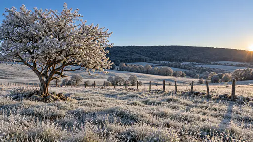 A rolling meadow at dawn with every blade of grass rimed with white frost, a hawthorn with white-outlined twigs and frosted fence posts under a clear pale blue sky above a dark tree line.