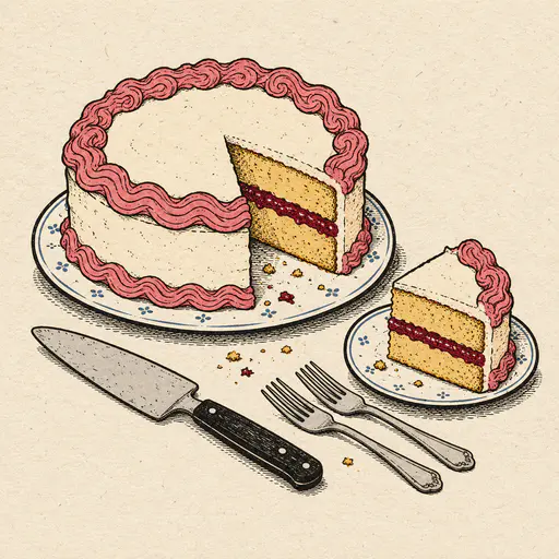 A round frosted cake has one slice cut and lifted onto a small plate beside a long serving knife, two forks and a few crumbs on cream paper in bold folk ink lines.