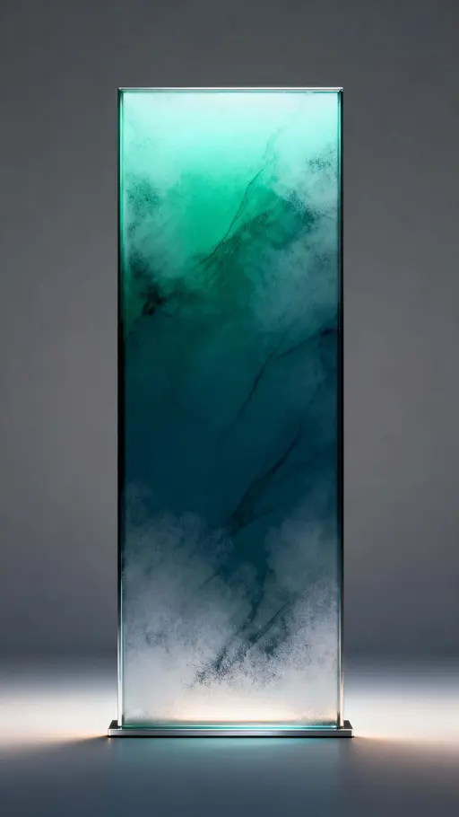 A minimal deep teal to emerald frosted glass gradient panel designed for a vertical 9:16 frame, featuring soft diffusion, subtle frost texture, and clean unlettered surfaces for display or backdrop use.