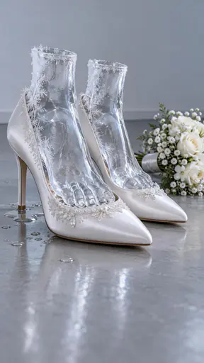 Cold feet: a low three-quarter conceptual fashion still life of a pair of elegant white wedding shoes on a bare floor, each holding a foot sculpted entirely from clear ice with frost across the openings, a small dropped bridal bouquet beside them under cool soft light.