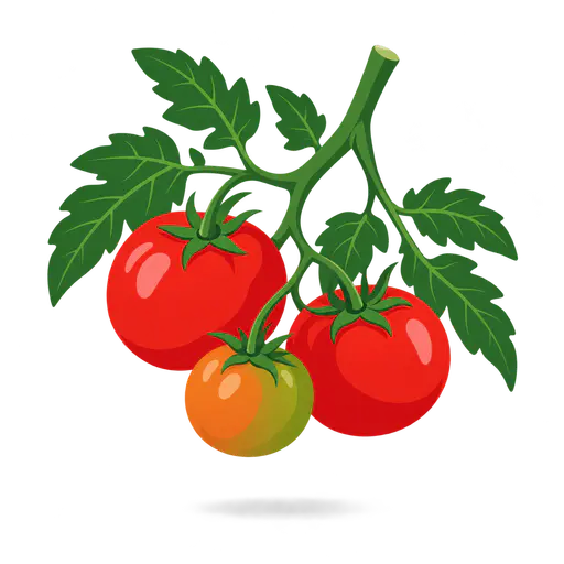 A fruiting tomato branch with green leaves and three hanging tomatoes, two ripe red and one smaller and greener, on a transparent background.